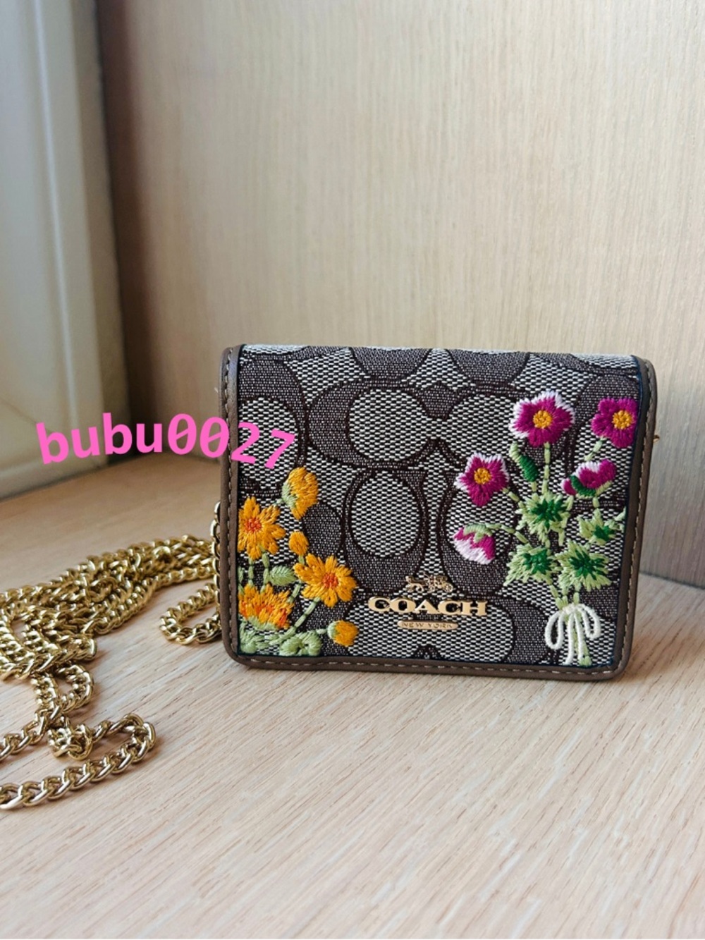 NWT🌷Coach Mini Wallet On Chain Signature Jacquard With Floral Embroidery CEF60